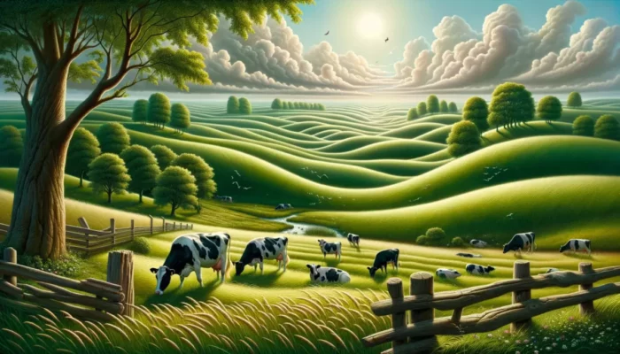 An AI generated image of cows grazing in a field