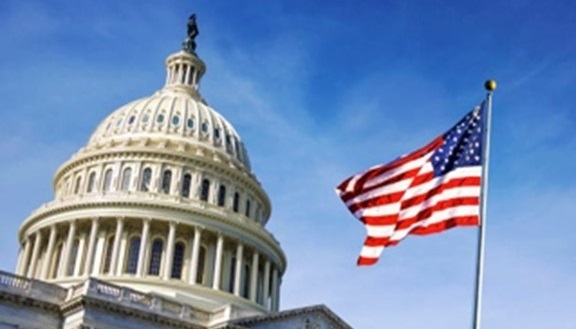 An image of the Capitol Building and an American flag