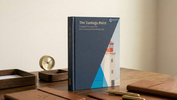 A photo of The Vantage Point: A Reputation Report for Communications Professionals sits on a desk.