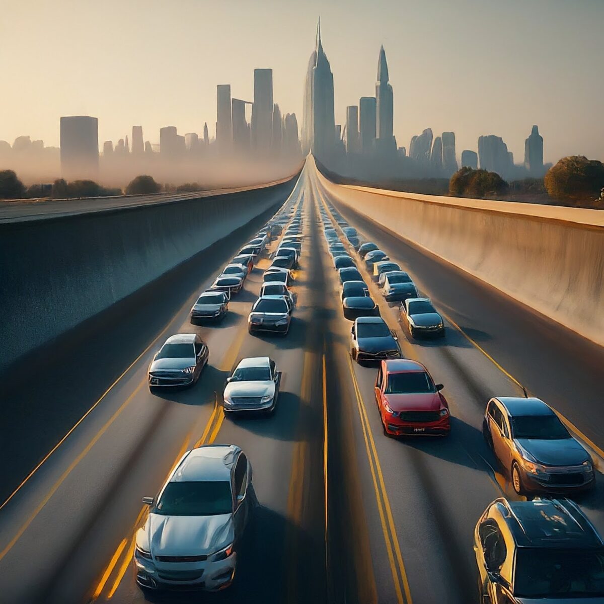 An image of cars leaving a city