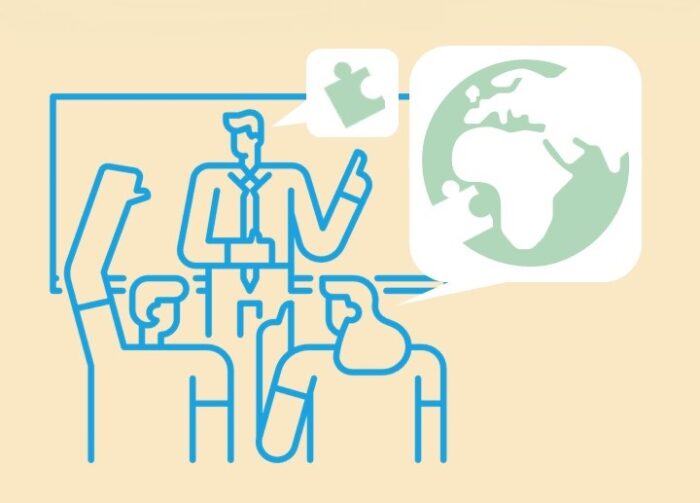 Cartoon depicts a CEO in front of a crowd. The crowd has a speech bubble depicting a green earth representing sustainability with a puzzle piece missing. The speech bubble of the CEO depicts a puzzle piece. Showing the contribution CEOs can make to the sustainability conversation.