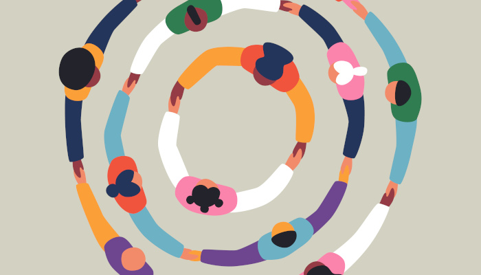 Big group of people holding hands together making round circle shape. Colorful diverse friend team concept, united community or social cooperation cartoon on isolated background.