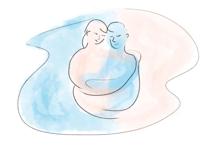 A watercolour illustration of a couple hugging.