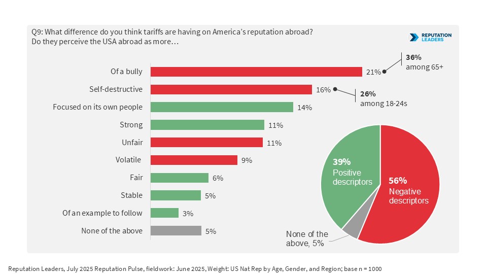 On the right is a pie chart categorizing survey responses shows 56% Negative, 39% Positive, 5% None of the above. One the left, a bar chart lists the prevalence of responses starting with "of a bully" 21% (36% among 65+)