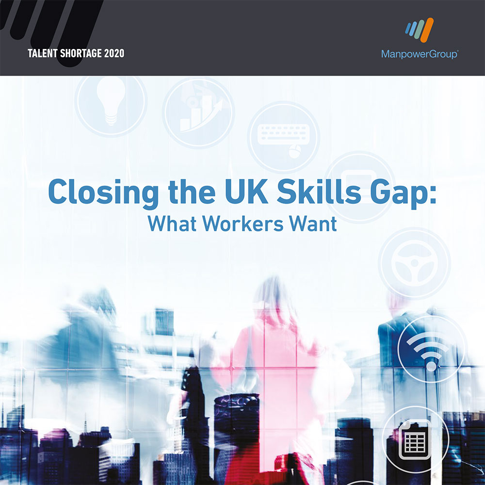 The image is the cover of a report titled “Closing the Skills Gap: What Workers Want” by ManpowerGroup.