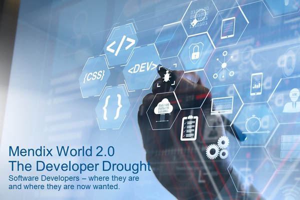 An image titled “Mendix World 2.0: The Developer Drought” The text overlay on the image discusses a shortage of software developers, also known as a “developer drought”