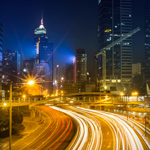 A photo of a cityscape at night.