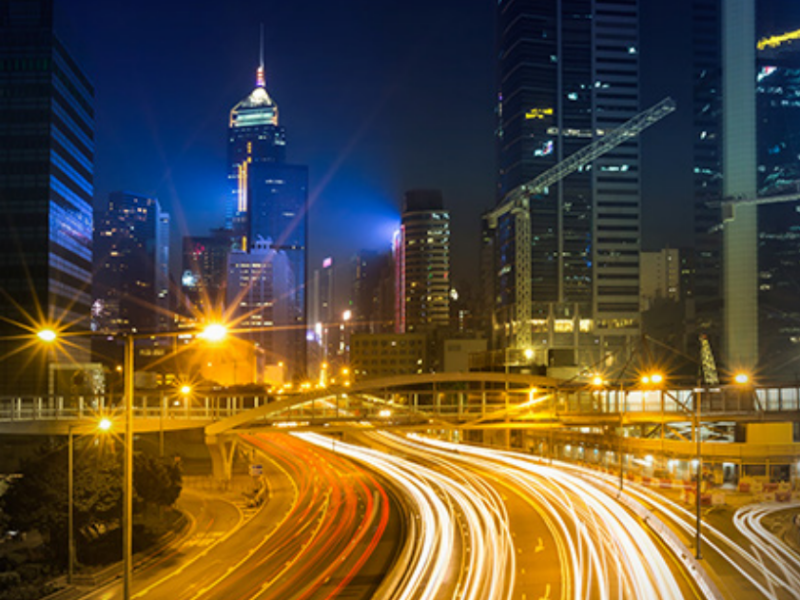 A photo of a cityscape at night.