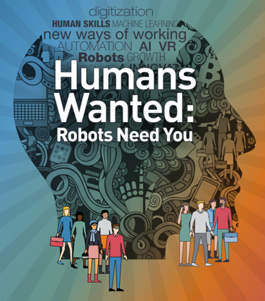 the image is about the impact of digitization on human skills. Here's what the text in the image says: Digitization Human Skills Machine Learning New ways of working Automation AI VR Humans Robots Growth Wanted: Robot Needs You