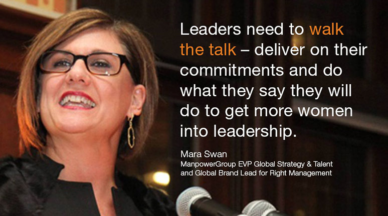 Picture of Mara Swan the ManpowerGroup EVP global strategy & talent quote: Leaders need to walk the talk - deliver on their commitments and do what they say they will do to get more women into leadership."