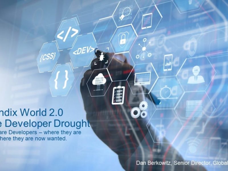 An image titled “Mendix World 2.0: The Developer Drought” The text overlay on the image discusses a shortage of software developers, also known as a “developer drought”