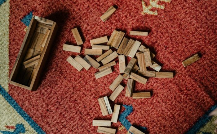 A photo of fallen Jenga blocks