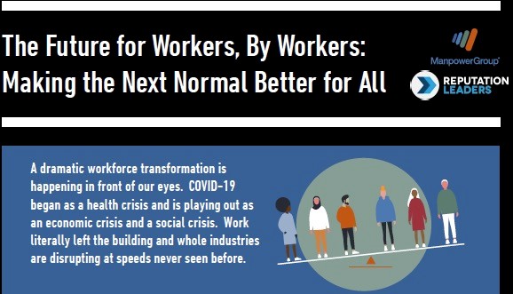 an infographic titled "The Future for Workers, By Workers: Making the Next Normal Better for All" with text, "Body text: A dramatic workforce transformation is happening in front of our eyes. COVID-19 began as a health crisis and is playing out as an economic crisis and a social crisis. Work literally left the building and whole industries are disrupting at speeds never seen before." Logos from ManpowerGroup and Reputation Leaders are displayed at the bottom of the page.